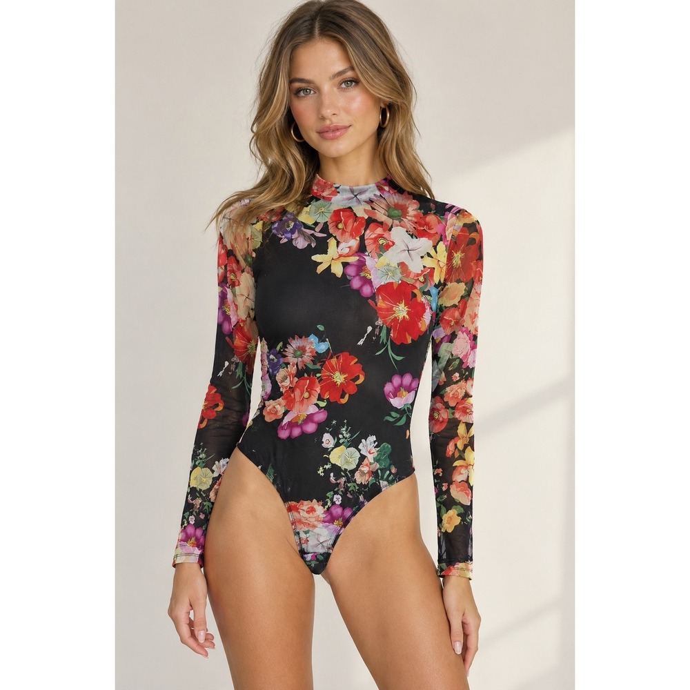 AKIRA Sheer Mesh Bodysuit Medium Floral Mock Neck Long Sleeve Stretch Top
